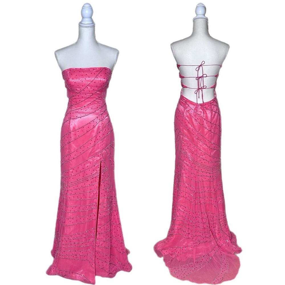 NWT Vintage 100% Silk Bubble Gum Pink Strapless Prom Evening Gown w/ Open Back